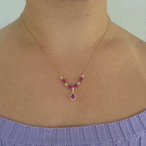 14k Dainty Gold Neckalce with Natural Rubies and Diamond